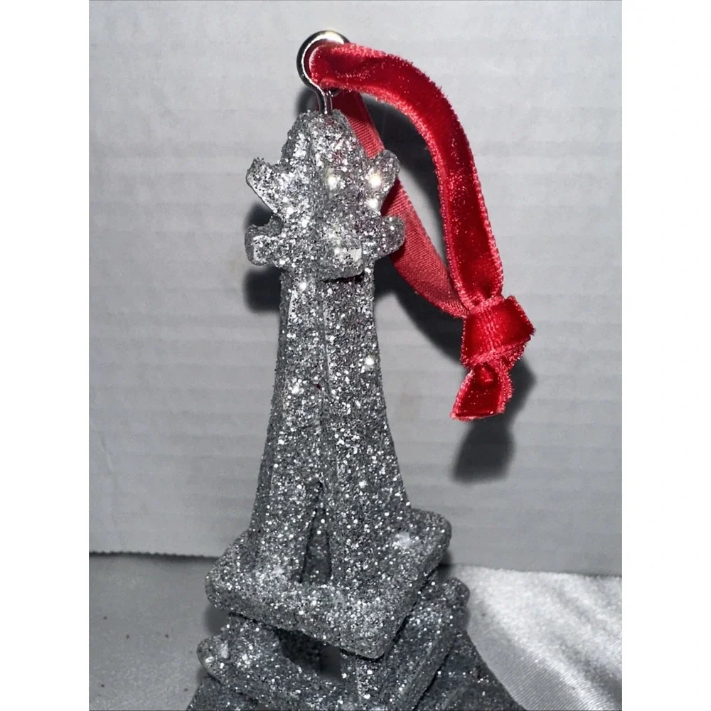 Silver Glitter Eiffel Tower Christmas Ornament Paris France Red Velvet Ribbon